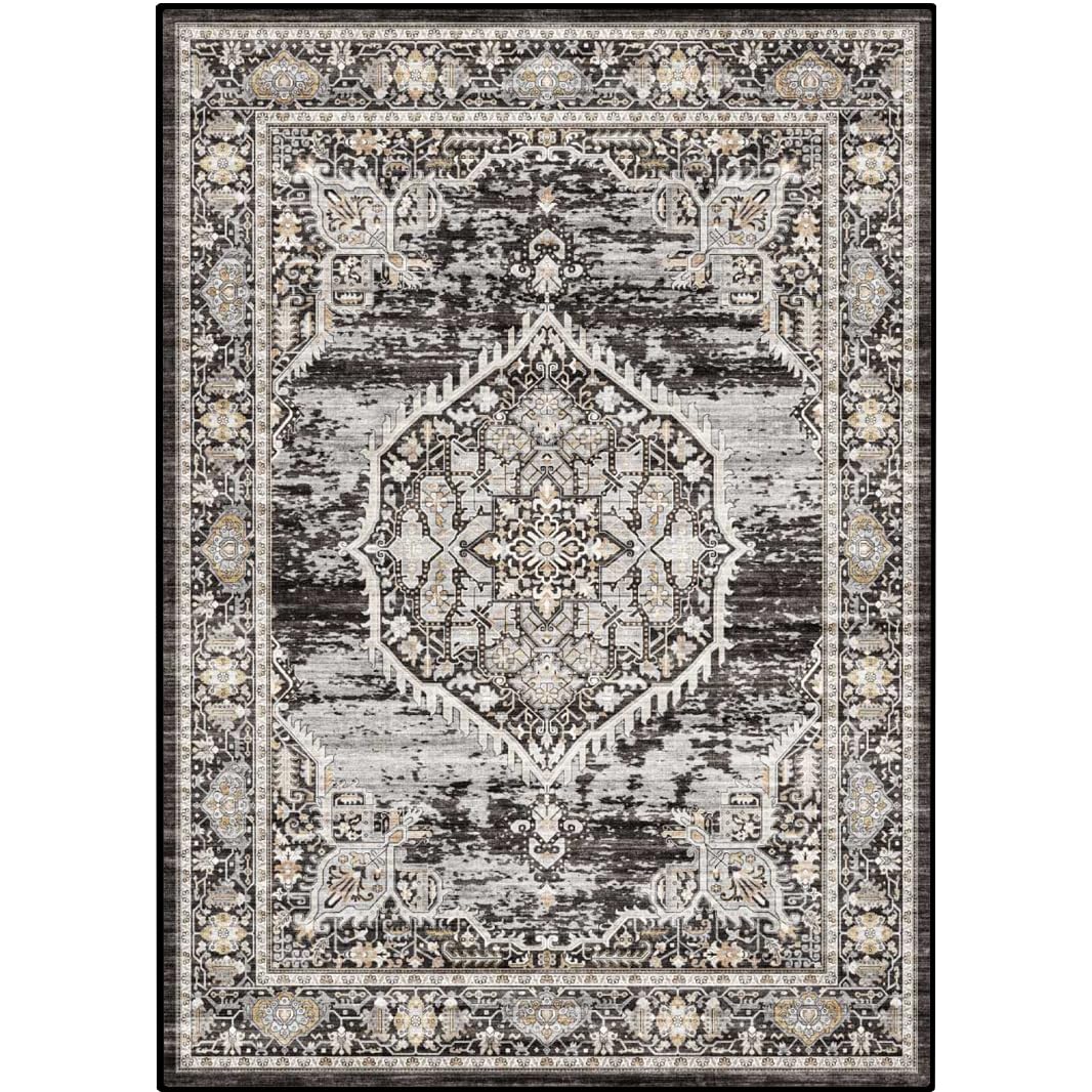 8x10 Rug Washable Area Rugs: Large Soft Living Room Rug - Distressed Stain Resistant Floor Carpet - Machine Washable Foladable Low Pile Area Rugs 8'x10' Black