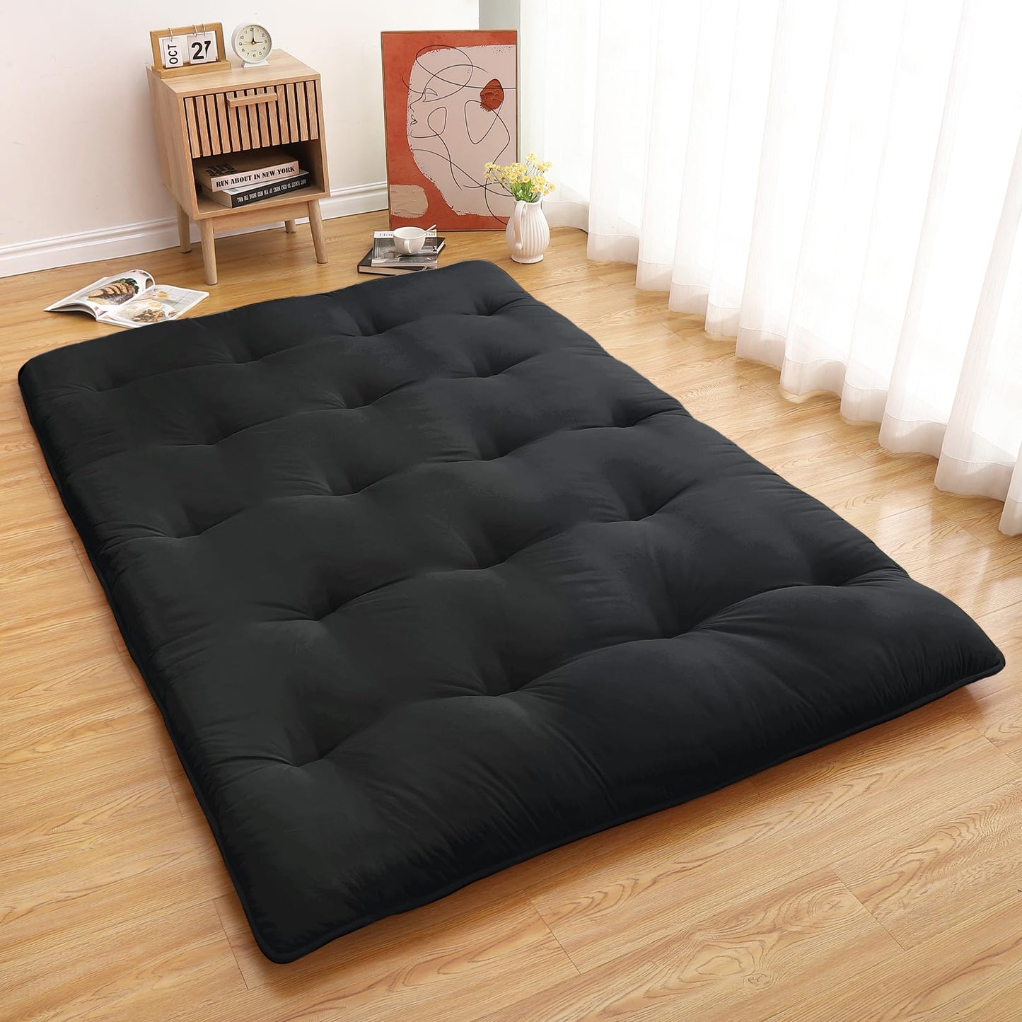 GarveeHome Japanese Floor Mattress, Futon Mattress Full Size 54 in x 80 in, Roll Up Mattress for Floor Tatami Mat, Sleeping Mat Camping Mattress Pad for Dormitory Guest Room, Black