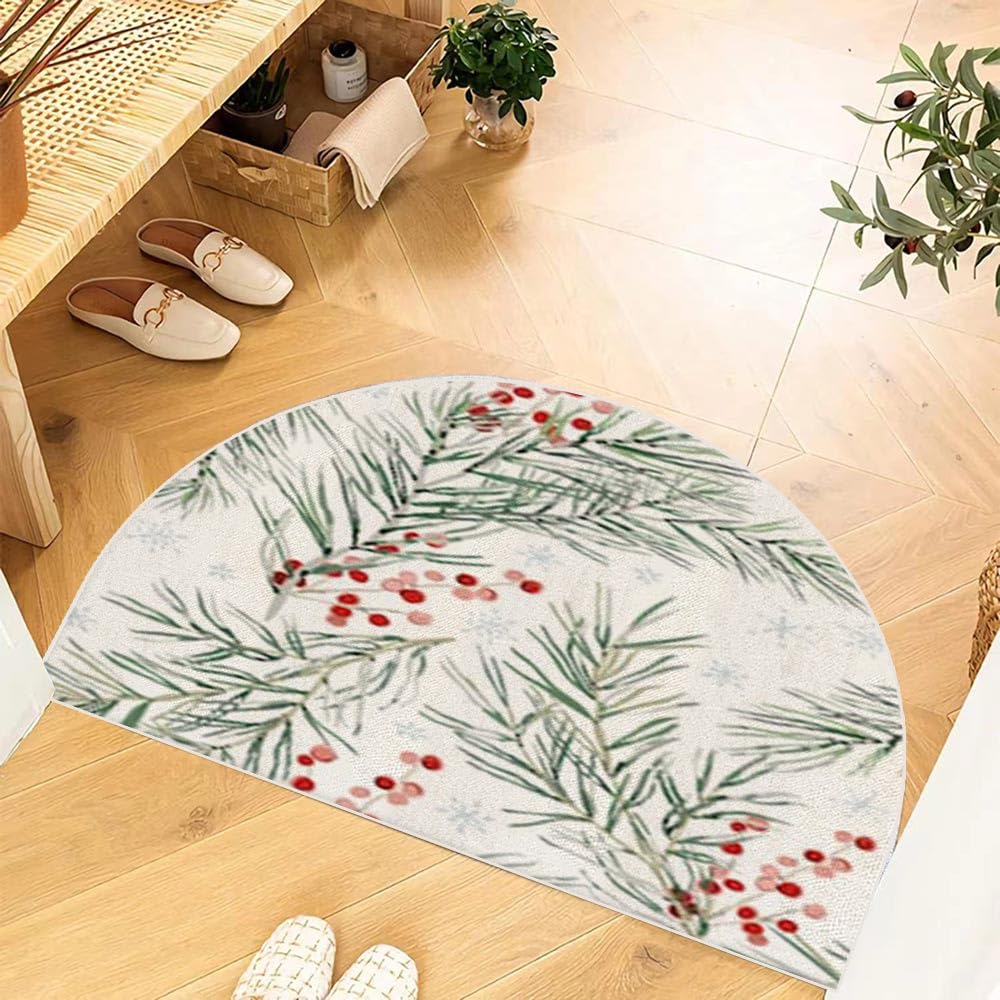 Mrcrypos Christmas Half Round Doormat Xmas Red Berries Non-Slip Semi Circle Area Rug Durable Half Moon Rugs Hearth Fireplace Rug for Living Room Bedroom Holiday Decor 16 x 24 Inch