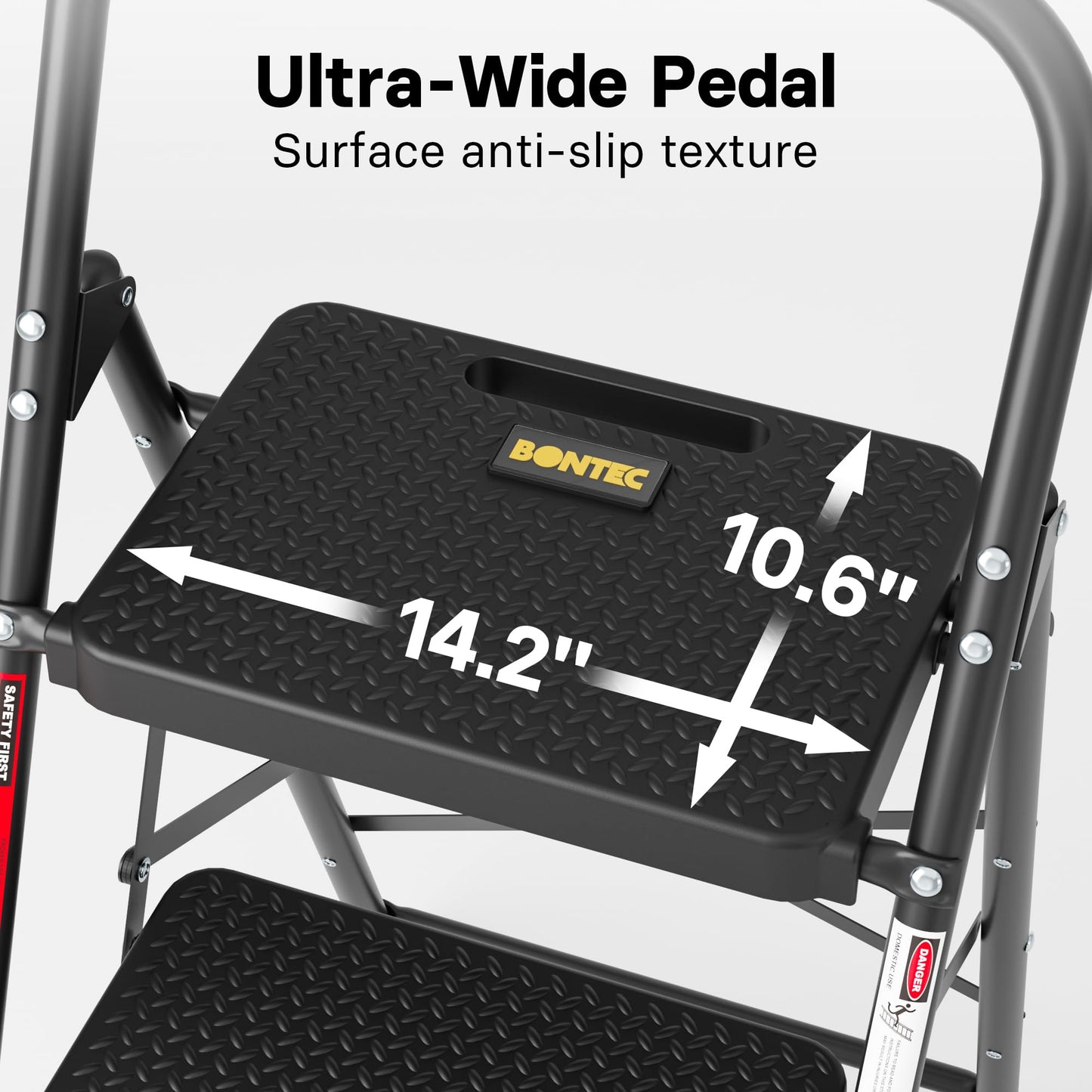 BONTEC 3-Step Ladder, Folding Step Stool, 600lbs Max Load Capacity, Sturdy Steel, Non-Slip Pedals, Lightweight, Portable Steel Ladder with Convenient Handrail, Safety Design for Home & Work, Black
