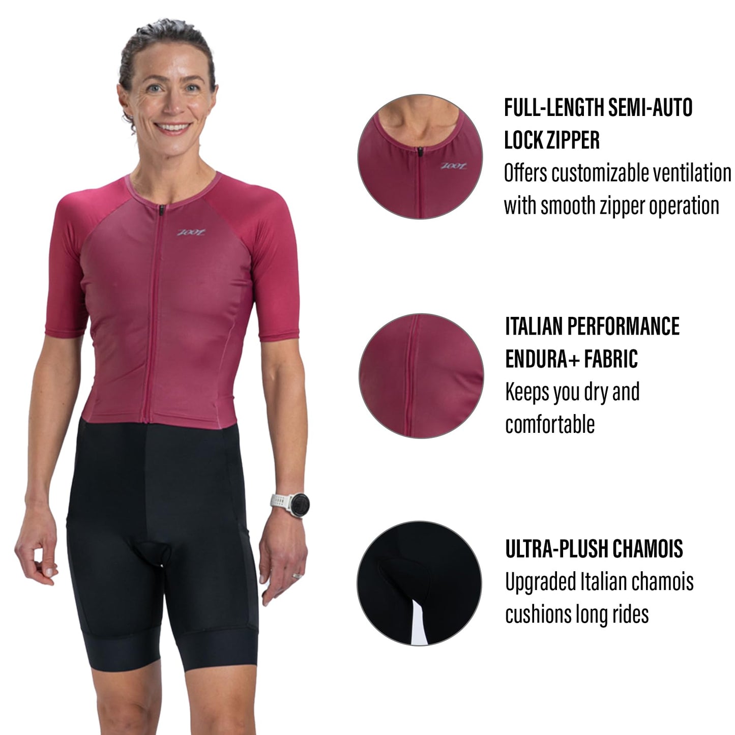 Zoot Women’s Core Tri Aero FZ Racesuit, Short Sleeve Moisture-Wicking Triathlon Suit, Plush Chamois & Race Day Storage - Plum - 2X-Large