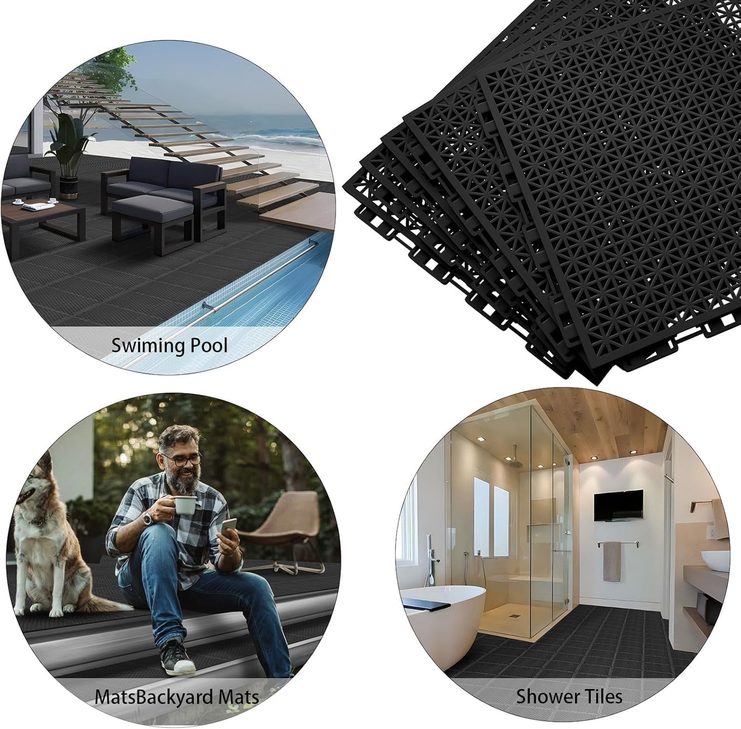 16 PCS Modular Interlocking Cushion Interlocking Floor Tiles with Hole Drainage Mat 10" x 10" Non Slip Pool Deck Mat Outdoor for Drain Deck Pool Patio Shower Kitchen Balcony (Black)