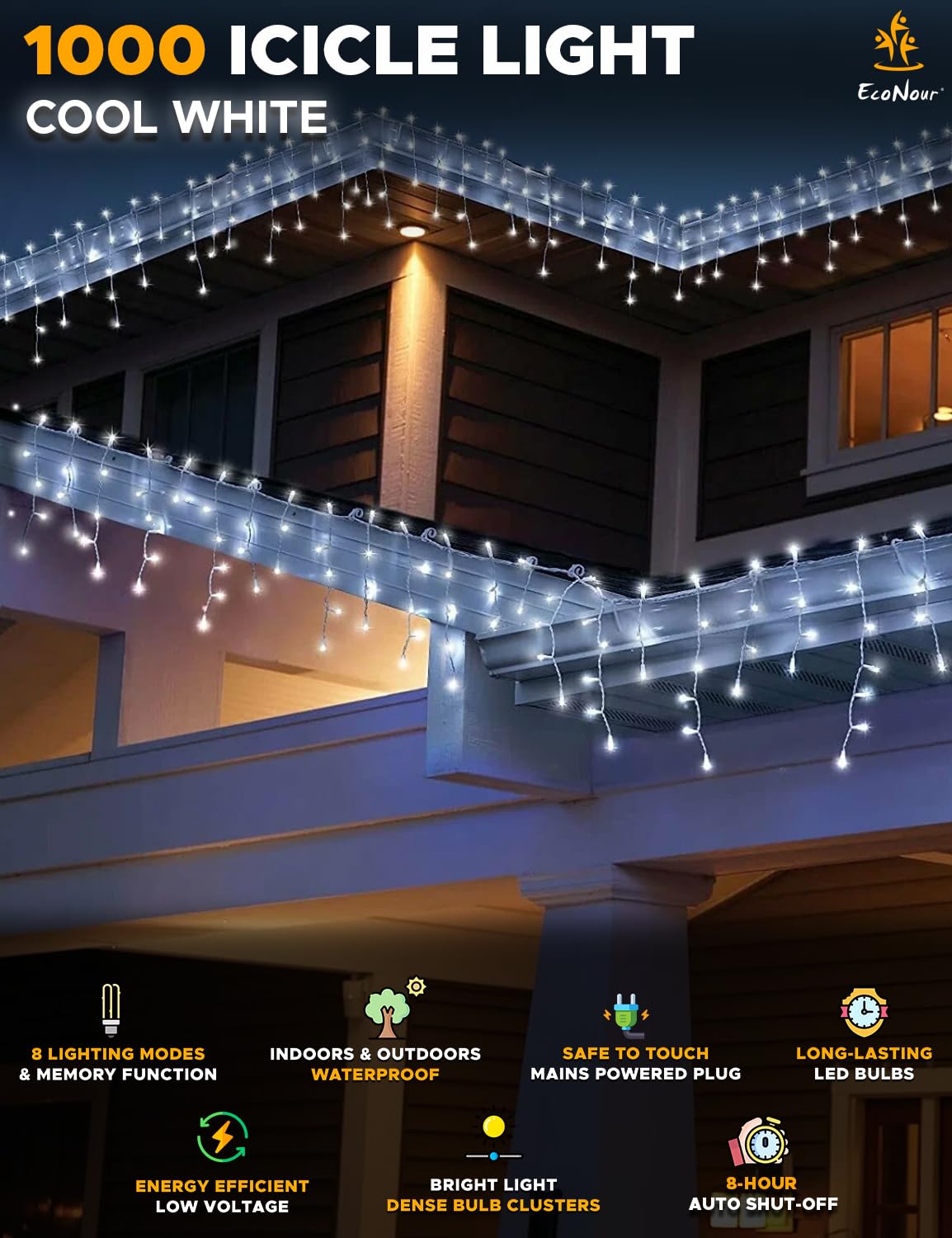 EcoNour Cool White Easter Icicle Lights for Outside, 114.82 FT 1000LED Outdoor Icicle Lights with 8 Mode, 8HR Timer, Memory Function, Clear Wire connectable, Plug in Fairy Lights for Roofline, Party