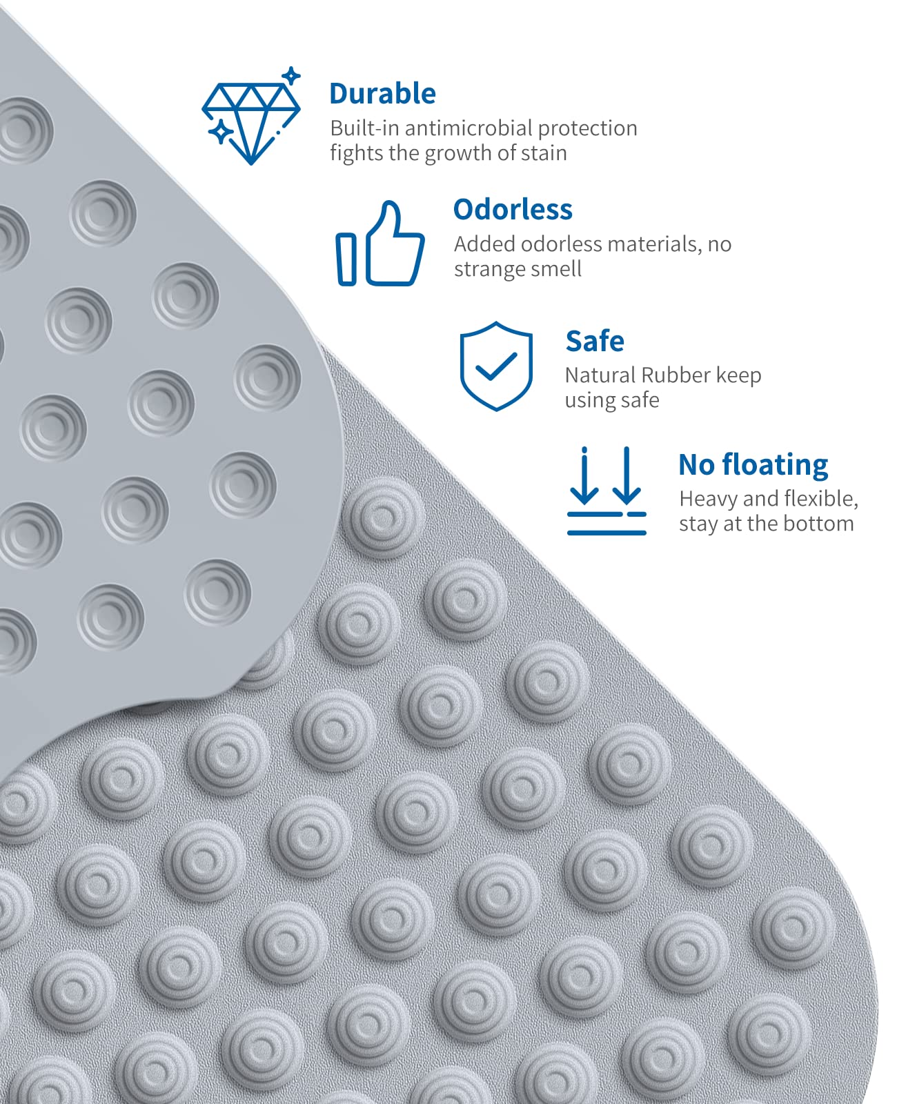 Bligli Bathtub Mat Non-Slip Without Suction Cups, 39x16inch Extra Long Bath Mats for Shower Bathroom, Machine Washable Natural Rubber Shower Tub Mat (39x16inch, Gray)