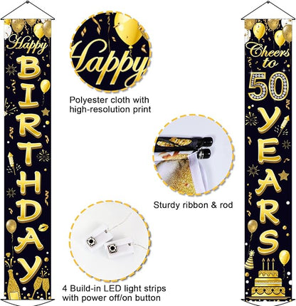 50th Birthday Party Banner Lighted Decorations for Women Men 50 Year Old Lighted Door Banners Black Gold Cheers to 50 Years Birthday Party Supplies Porch Sign with LED Light for Outside Light Decor