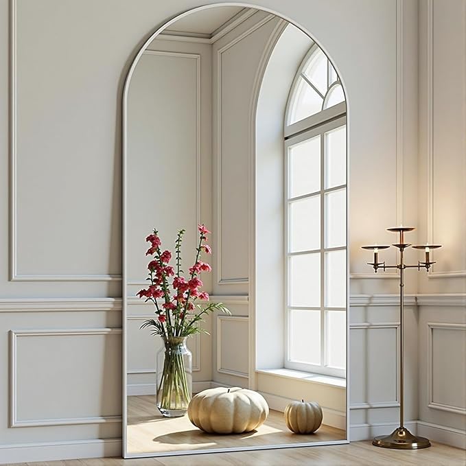 Full Length Mirror, 71"x30" Arched-Top Floor Mirrors, Modern Full Body Mirrors with Stand, Wall Mirror with Aluminum Alloy Frame for Bedroom,Living Room, White