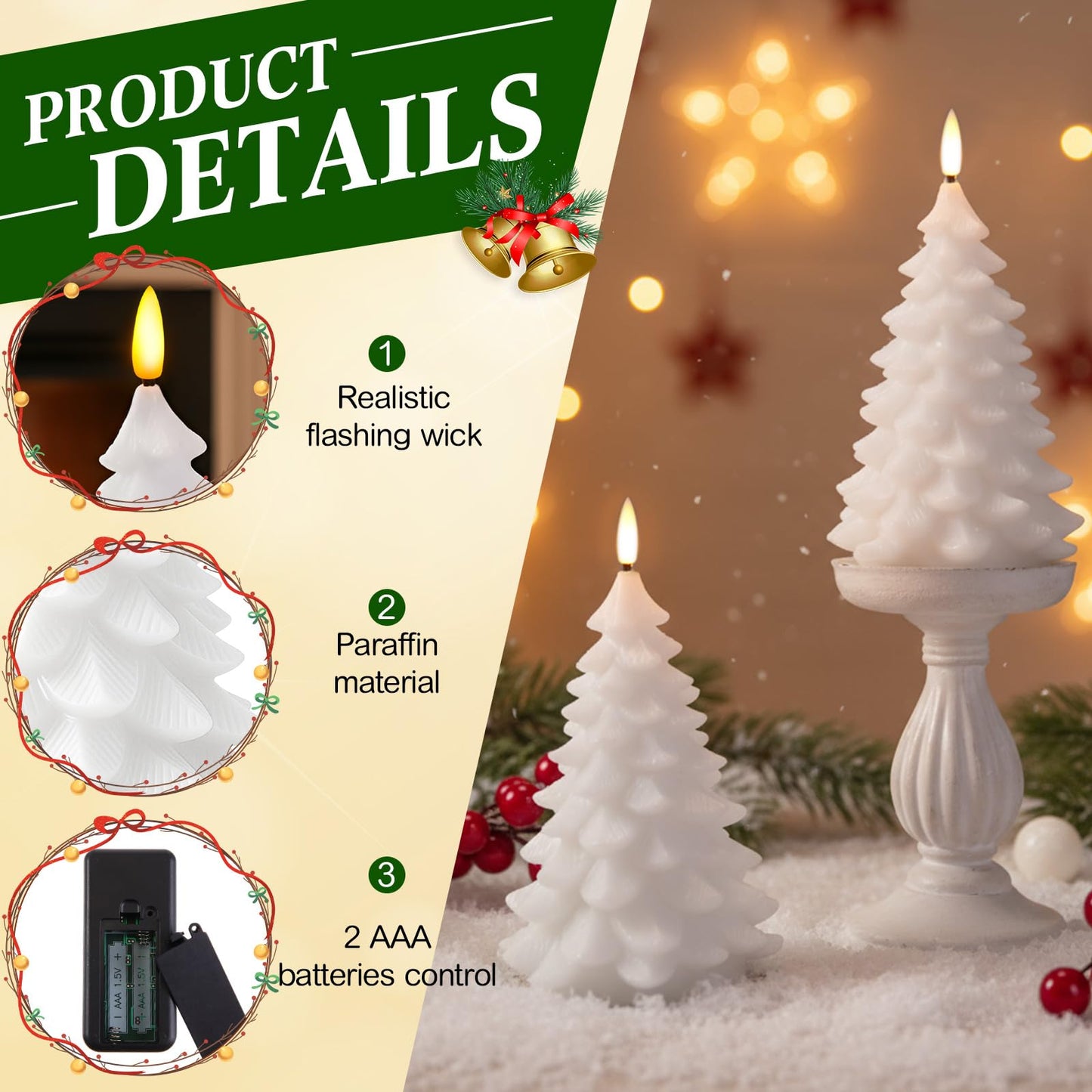 Aurelema 2 Pack 8" Large Christmas Tree Flameless Candle with Remote Timer, Large Real Wax Battery Operated Pillar Candle, 3D Wick LED Flickering Candles for Xmas Party Home Dinner Decor(White)