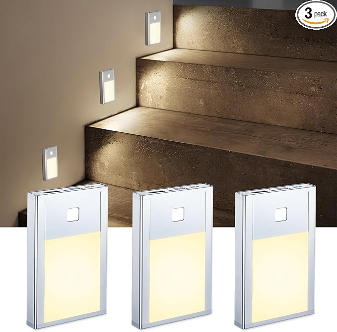VST Motion Sensor Night Light, Rechargeable Battery Powered Led Light with Magnetic Suck Installation for Bedroom Hallway Stair Nursery Kids Room (2.68 inch 3000K 3Pack Silver)