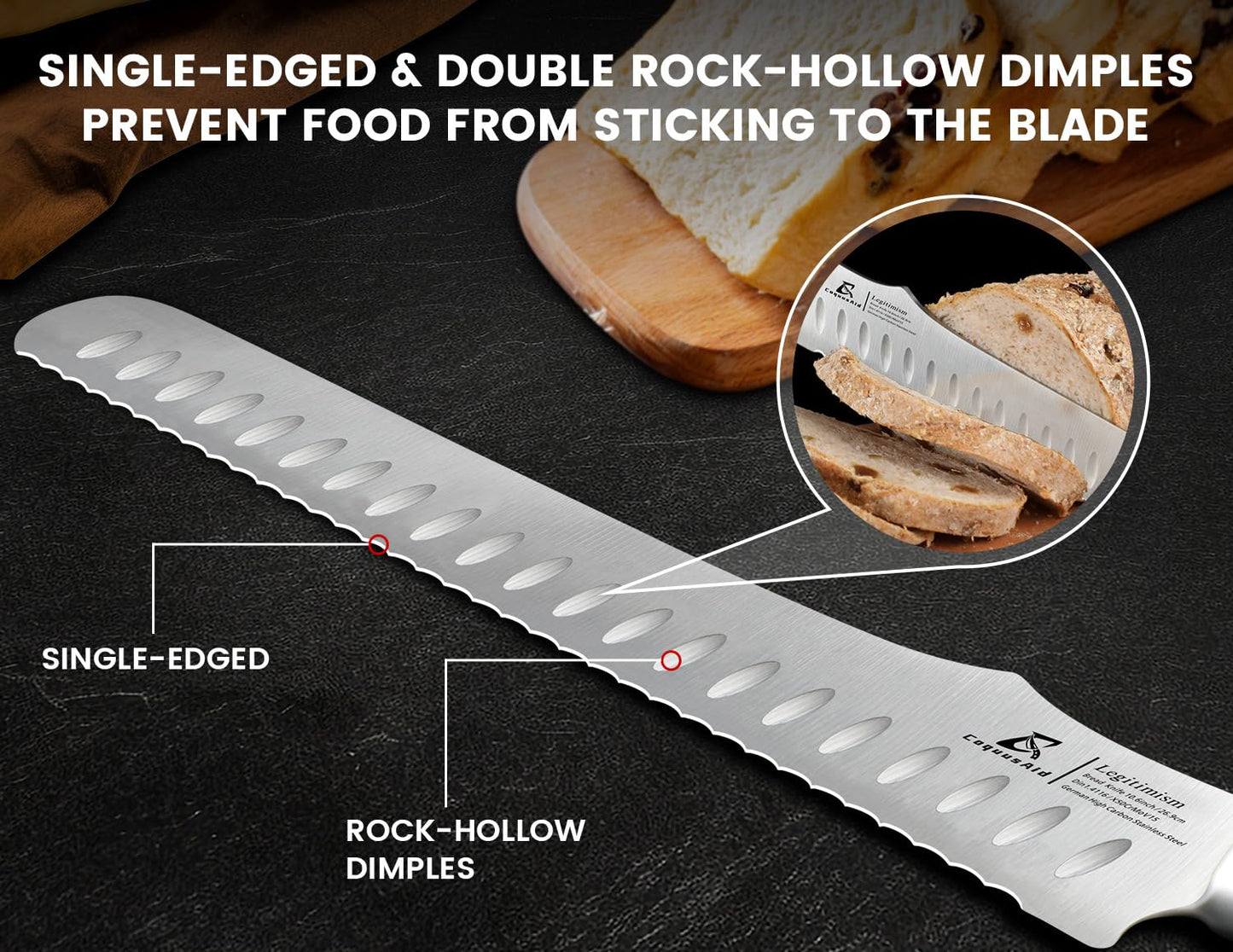 CoquusAid Bread Knife for Homemade Bread, 10.6 Inch Multifunction Serrated Knife, Razor Sharp Slicer, High Carbon German Steel Bread Cutter, Ergonomic Handle for Sourdough Turkey Fruit Cutting, Gift