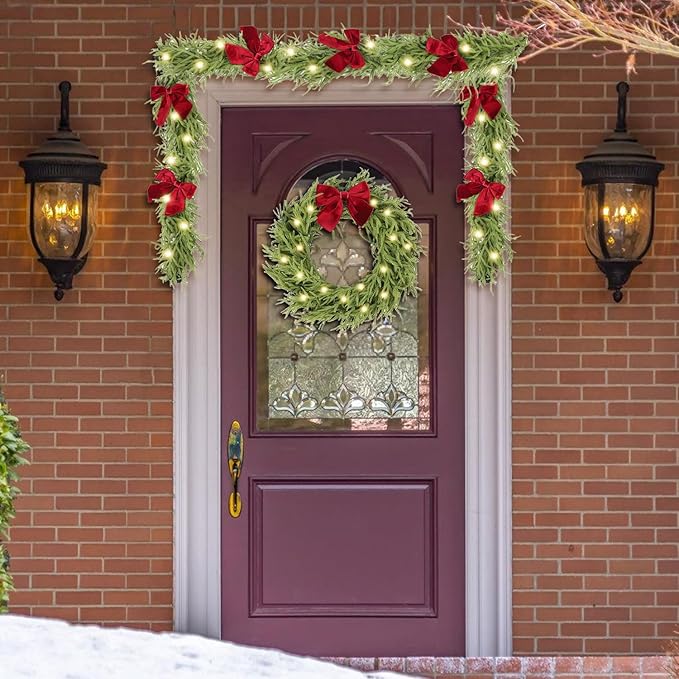 30 Inch Christmas Wreaths for Front Door with Lights,Lighted Norfolk Pine Door Wreath,Prelit Real Touch Artificial Green Winter Wreath with Large Burgundy Velvet Bow for Indoor Outdoor Decor
