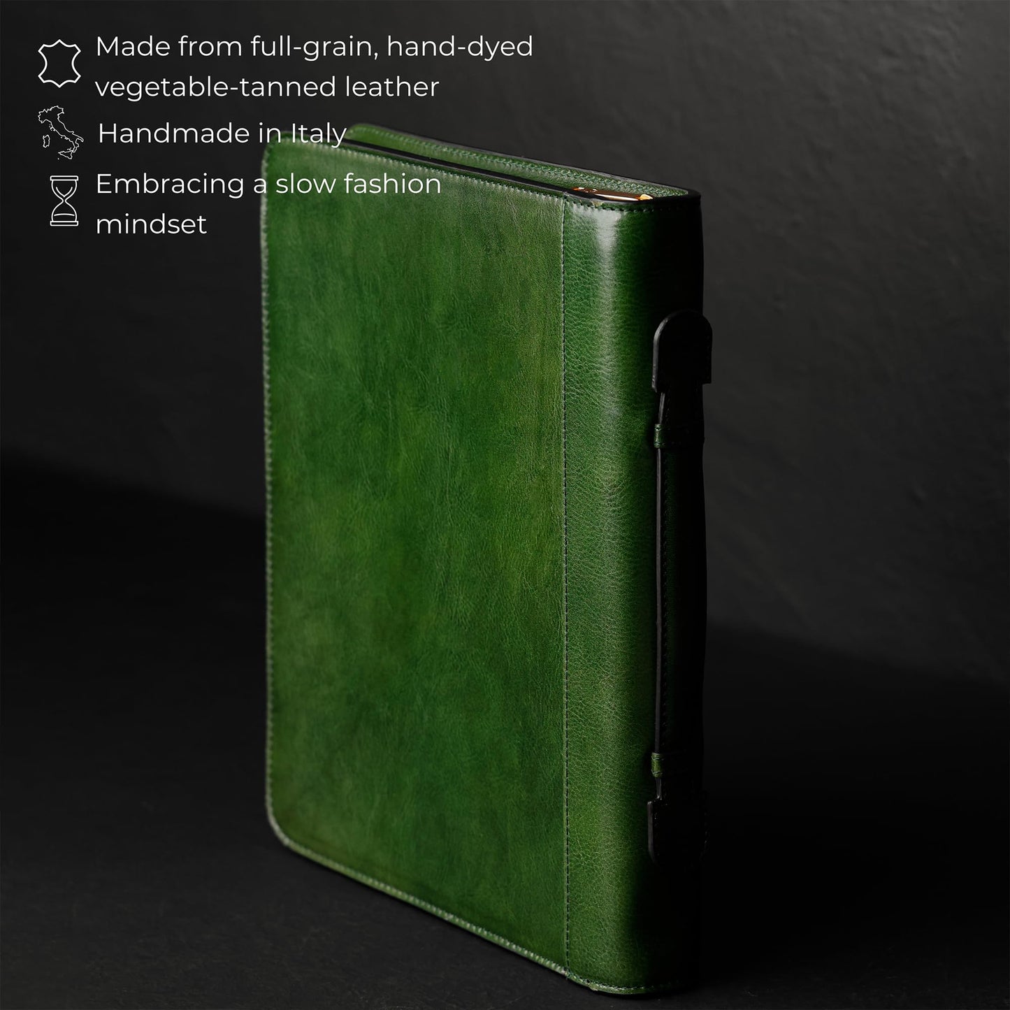 Time Resistance Leather Portfolio – Document Bag with Carry Handle – Tablet Size Case Made in Italy (Green)