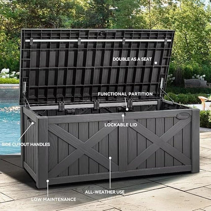 YITAHOME 120 Gallon Large Outdoor Storage Box with X-Shaped Front, Waterproof Resin Deck Box Cushion Storage Bench for Patio, Pool Supplies, Garden Tools - Lockable, Dark Gray