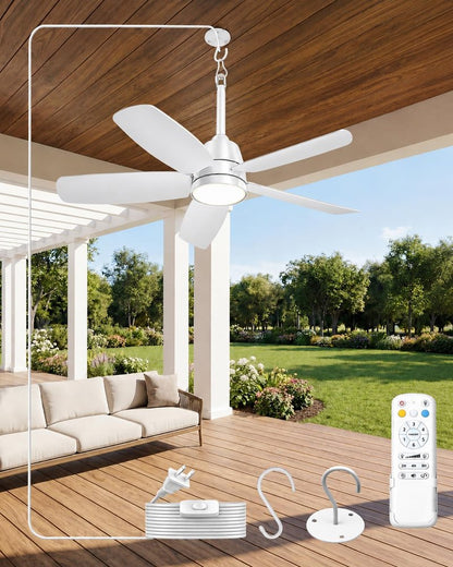 NWOP 28 Inch Plug-In Outdoor Ceiling Fan with Light and Remote, Waterproof Small Ceiling Fan for Patio Porch Balcony, 5 Blades Quiet Compact Ceiling Fan for Small Spaces, White