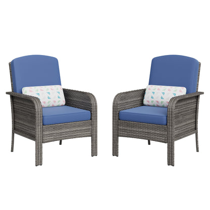 GarveeHome 2-Piece Outdoor Patio Furniture Set, All-Weather Rattan Chairs with Thick Cushions, High Back Wicker Lounge Chairs for Porch, Deck, Garden, Poolside & Backyard (Gray Rattan, Blue Cushion)