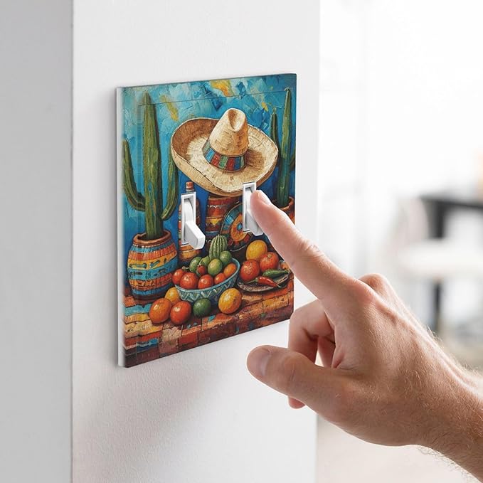 Decorative Art Light Switch Covers Mexican Sombrero & Serape Vibes 2 Gang Double Toggle Wall Plate Decorative Switchcover Electrical Switchplate for Home Decor