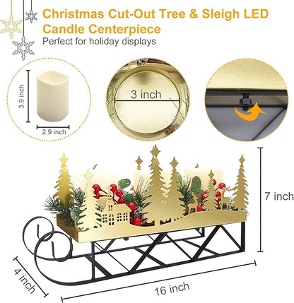 Christmas Sleigh Table Centerpieces Decorations, Xmas Gold Cut-Out Tree Sleigh LED Candle Candelabrum with Timer Holiday Candle Holder for Home Party Table Mantel Decoration