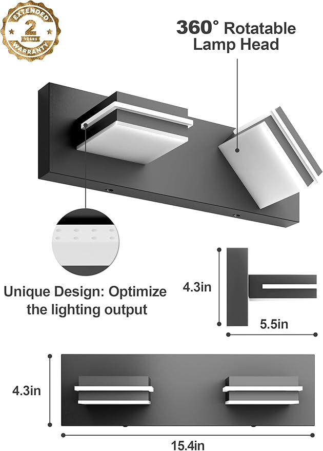 VOLISUN 5CCT Dimmable Bathroom Light Fixtures Over Mirror, Modern Bathroom Vanity Light Fixtures, 360°Rotatable Head, Black LED Vanity Lights for Bathrooms(15.5-Inch)