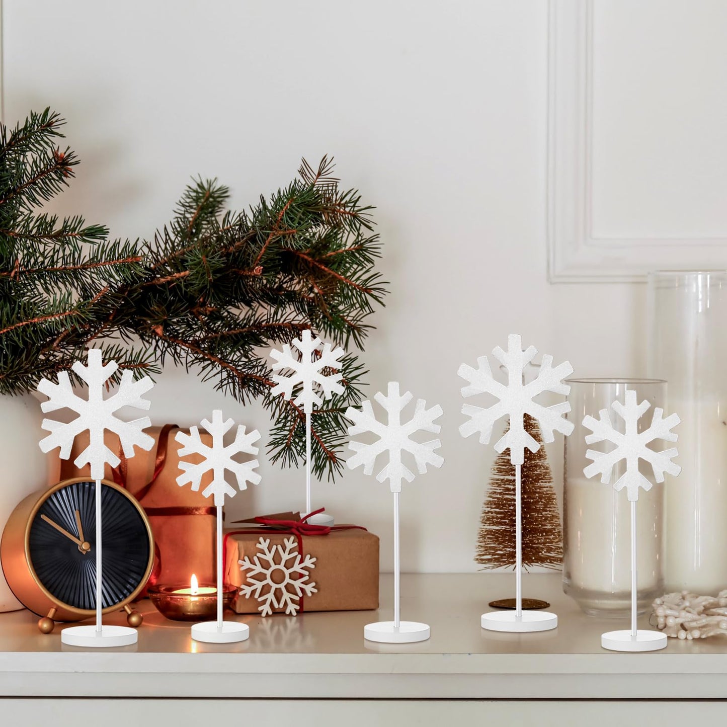 Purpeak 6 Pcs Winter Snowflake Table Decorations Winter Snowflake Standing Block Sign Wooden Snowflakes Table Centerpiece White Snow Wonderland Decoration for Tabletop Shelf Mantel Home Decor