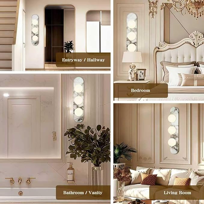 Natural Marble Wall Sconce with Alabaster Glass Globe, Modern Hardwired Wall Light Fixture for Bedroom, Bathroom, Dining Room, Hallway, Stairs (3-Light Sconce)