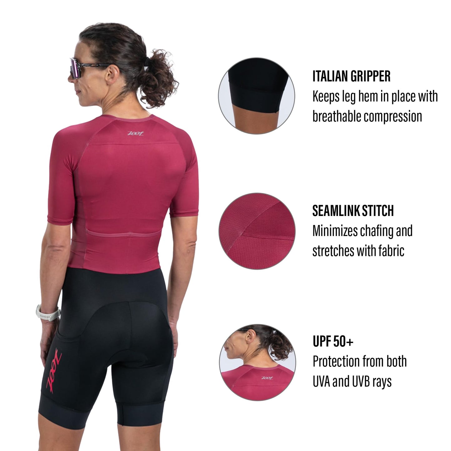 Zoot Women’s Core Tri Aero FZ Racesuit, Short Sleeve Moisture-Wicking Triathlon Suit, Plush Chamois & Race Day Storage - Plum - 2X-Large