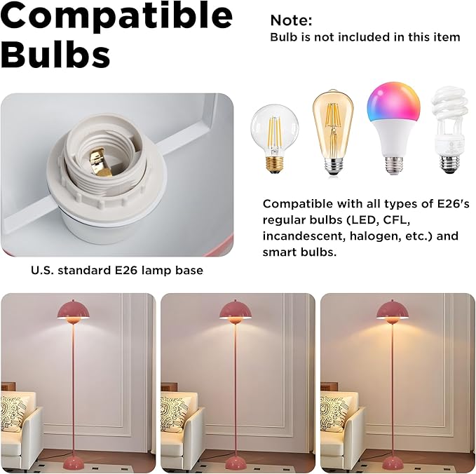 SUNLLOK Flower Pot Floor Lamp for Living Room, Metal Dome Lampshade Standing Floor Lamp with Foot Switch, Modern Reading Floor Light Fixture for Kitchen Island, Bedroom, Restaurant (Pink)