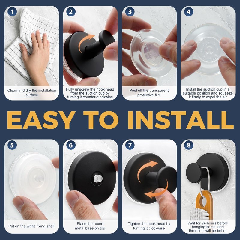 QQK Large Suction Cup Hooks for Shower,Glass Window&Door,Mirror,Reusable Shower Hooks,No-Drill Removable Towel Hooks for Bathroom,4 Packs(Matte Black)