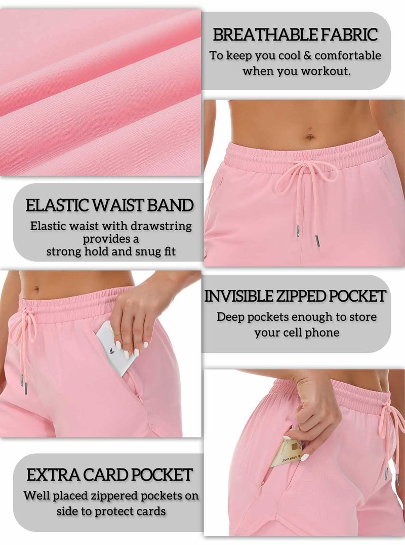 Mancreda Women's Running Shorts with Liner 3 Zipper Pockets Elastic Workout Athletic Gym Yoga Shorts(PK,M) Pink