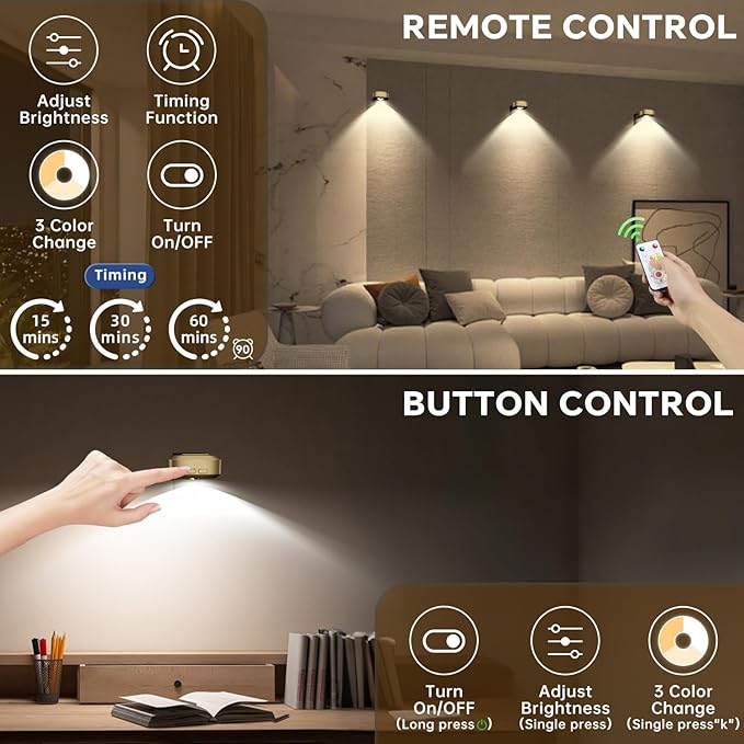 Lightbiz Picture Lights for Wall 3 Pcs, Rechargeable Battery Operated Magnetic Wall Lights with 3 Color Temps, Remote Dimmable Timer Poster Lights for Art Display, Frame, Painting