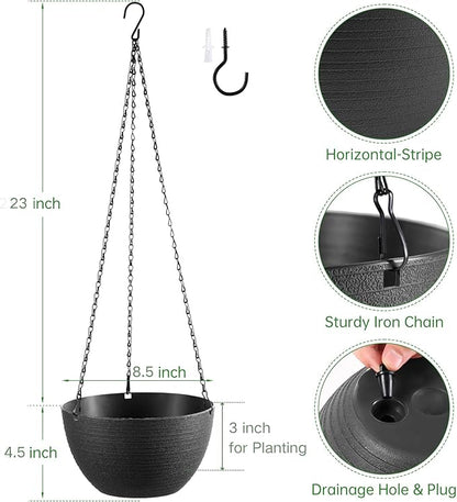 Set of 2 8 Inch Self Watering Hanging Planters for Indoor Outdoor Plants, Light Textured Hanging Baskets Flower Pots with Drainage Hole & Plug and 20" Chain Hanger