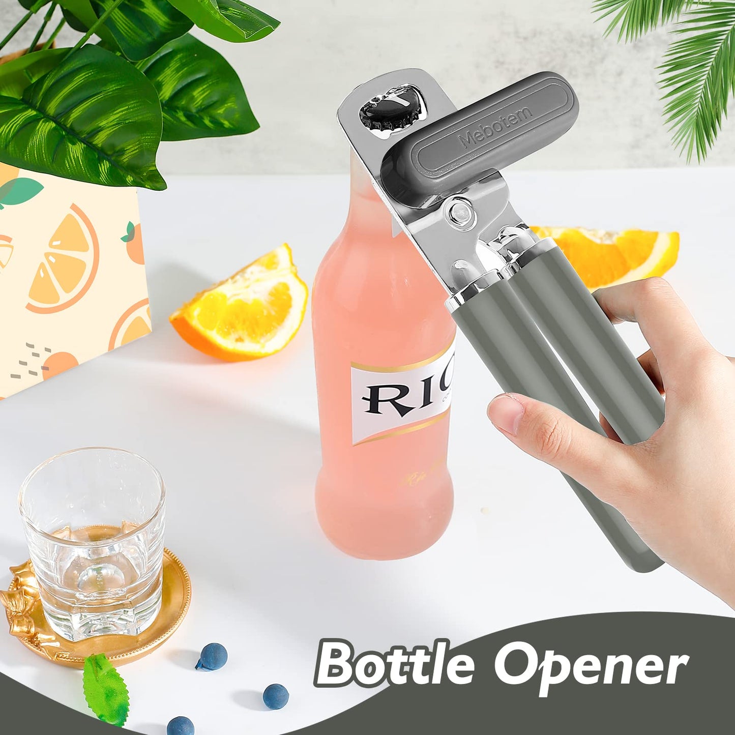 Mebotem 10 Colors Can Opener Manual Handheld Heavy Duty Hand Can Opener Smooth Edge Stainless Steel Can Openers Top Lid Kitchen Gadgets, Best Large Rated Easy Turn Knob, with Bottle Opener, Gray