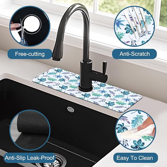 Watercolor Leaves Sink Splash Guard Faucet Mat Tropical Leaves Super Absorbent