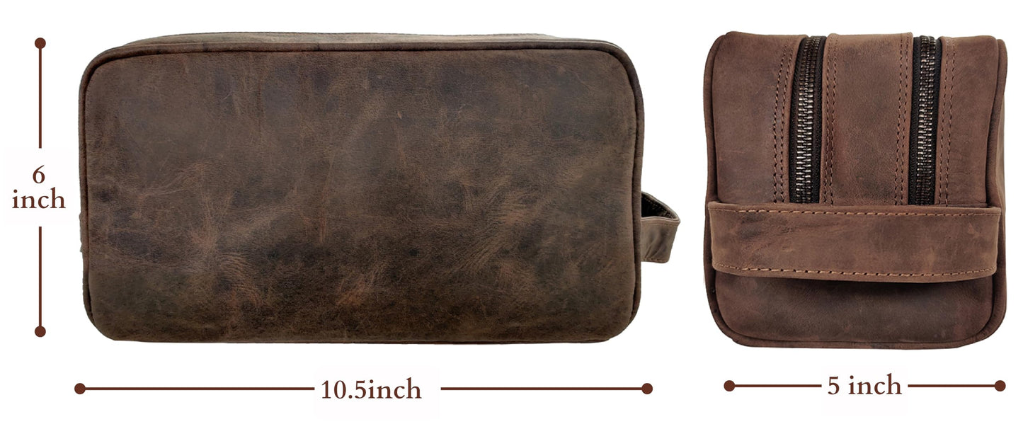 RUSTIC TOWN Full Grain Leather Travel Toiletry Bag - Cosmetic Ditty Kit Organizer (Dark Brown)
