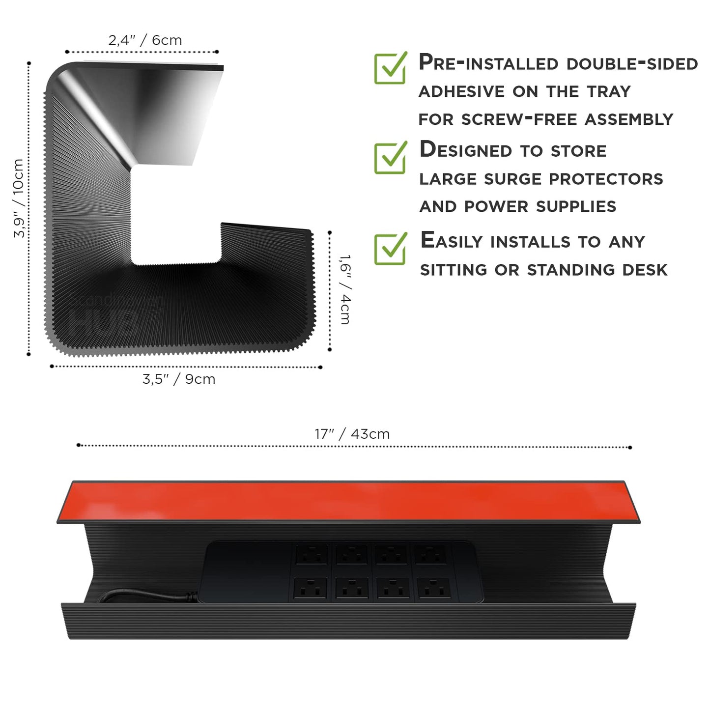 No-Screw Under Desk Cable Management Tray - Self-Adhesive Installation, Cord Management, Cable Tray, Under Desk Wire Organizer - Black Set of 2