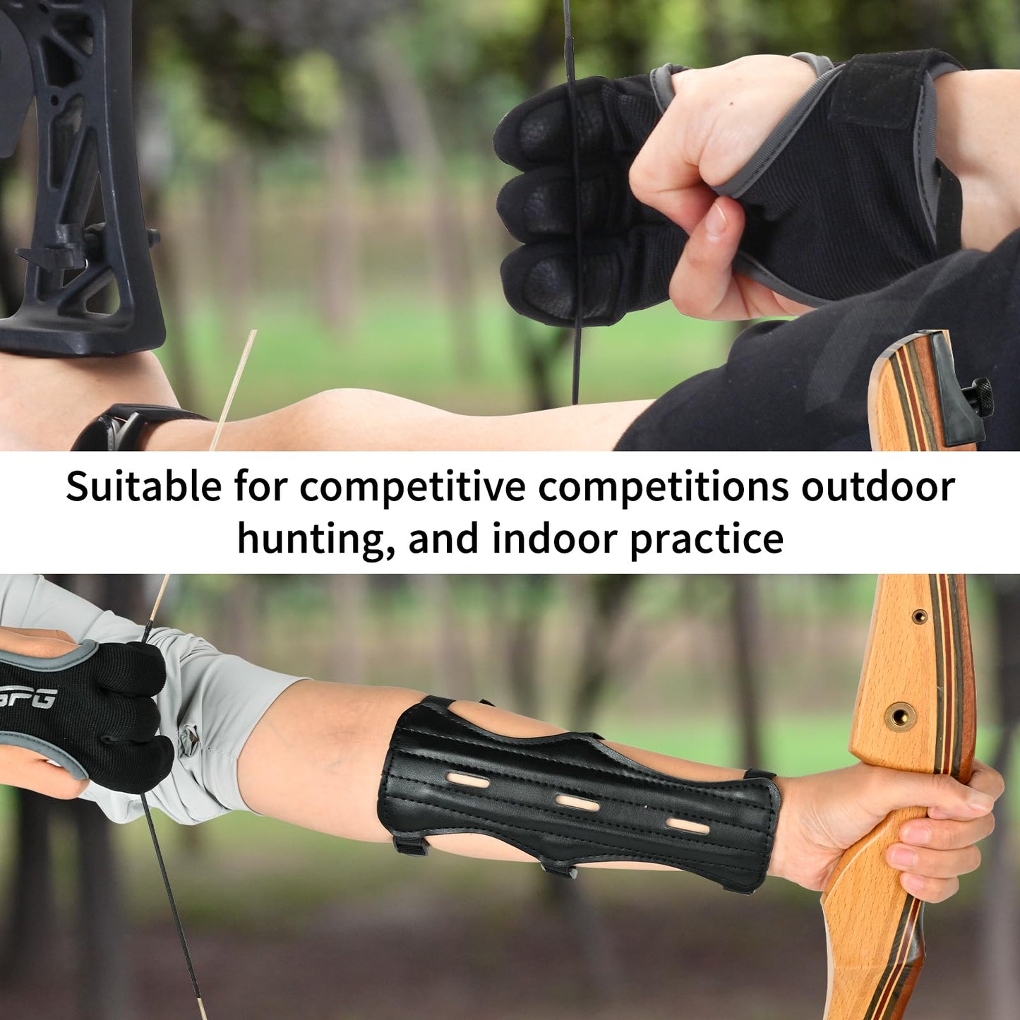 FENJANER Archery Finger Tab Gloves Arm Guard Adjustable Strap Wrist Guard Arrow Bag Hip Arrow Quiver for Hunting Target Accessories (1 X Arm Guard and 1 X Archery Glove)