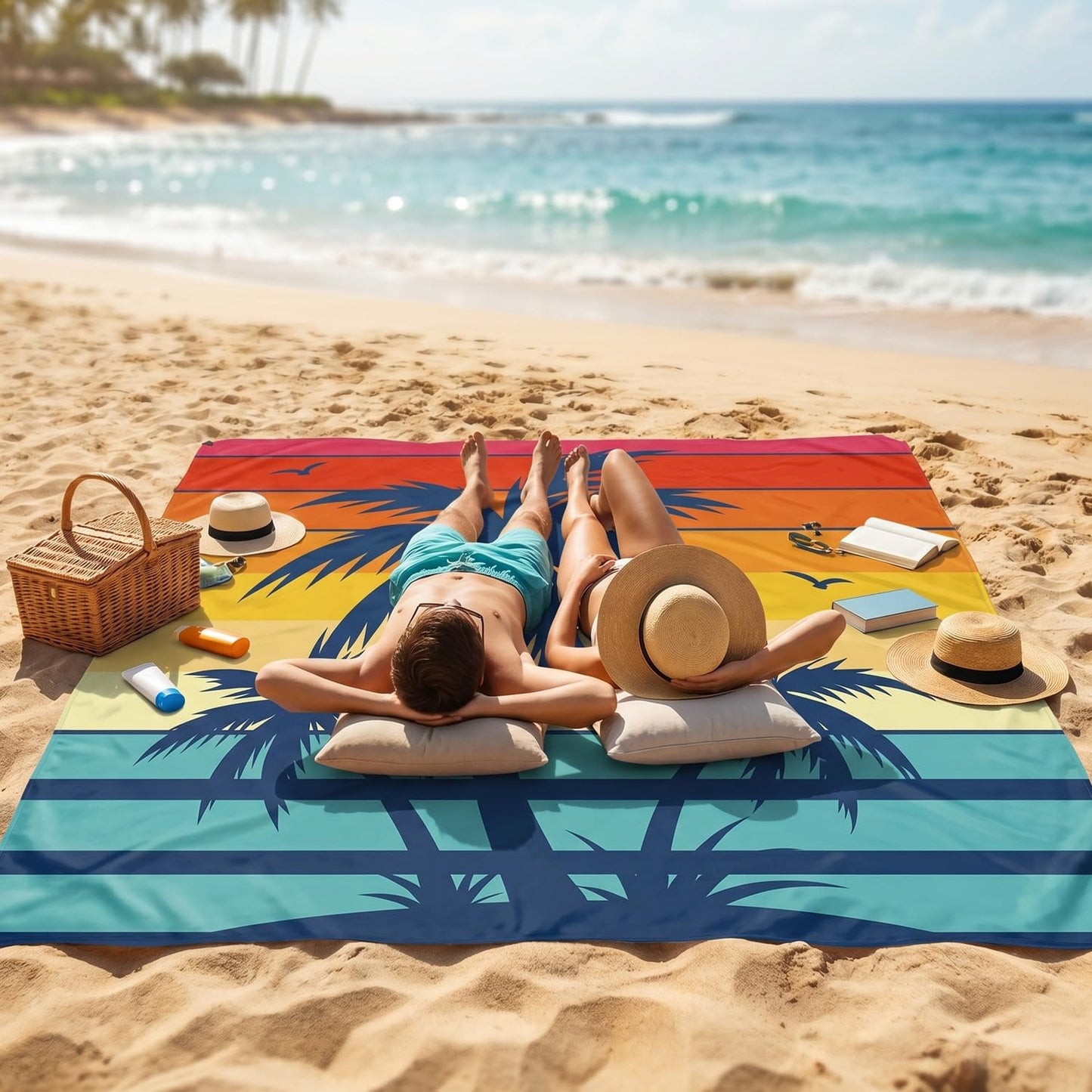 InIsaJace Beach Blanket Waterproof Sandproof, Sunset Beach Mat Sand Free with Anchors Stakes Carabiner and Bag, Coconut Trees Camping Tarp for Outdoor Picnic Travel Camping Hiking 79”x 83”