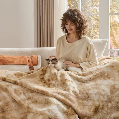 Krifey Faux Fur Blanket for Queen Size Bed, 3D Texture Soft Cozy Fuzzy Plush Warm Blanket, Christmas Birthday Gifts for Women Mom Girlfriend Men, Room Decor, Marbled Beige, 90x90in