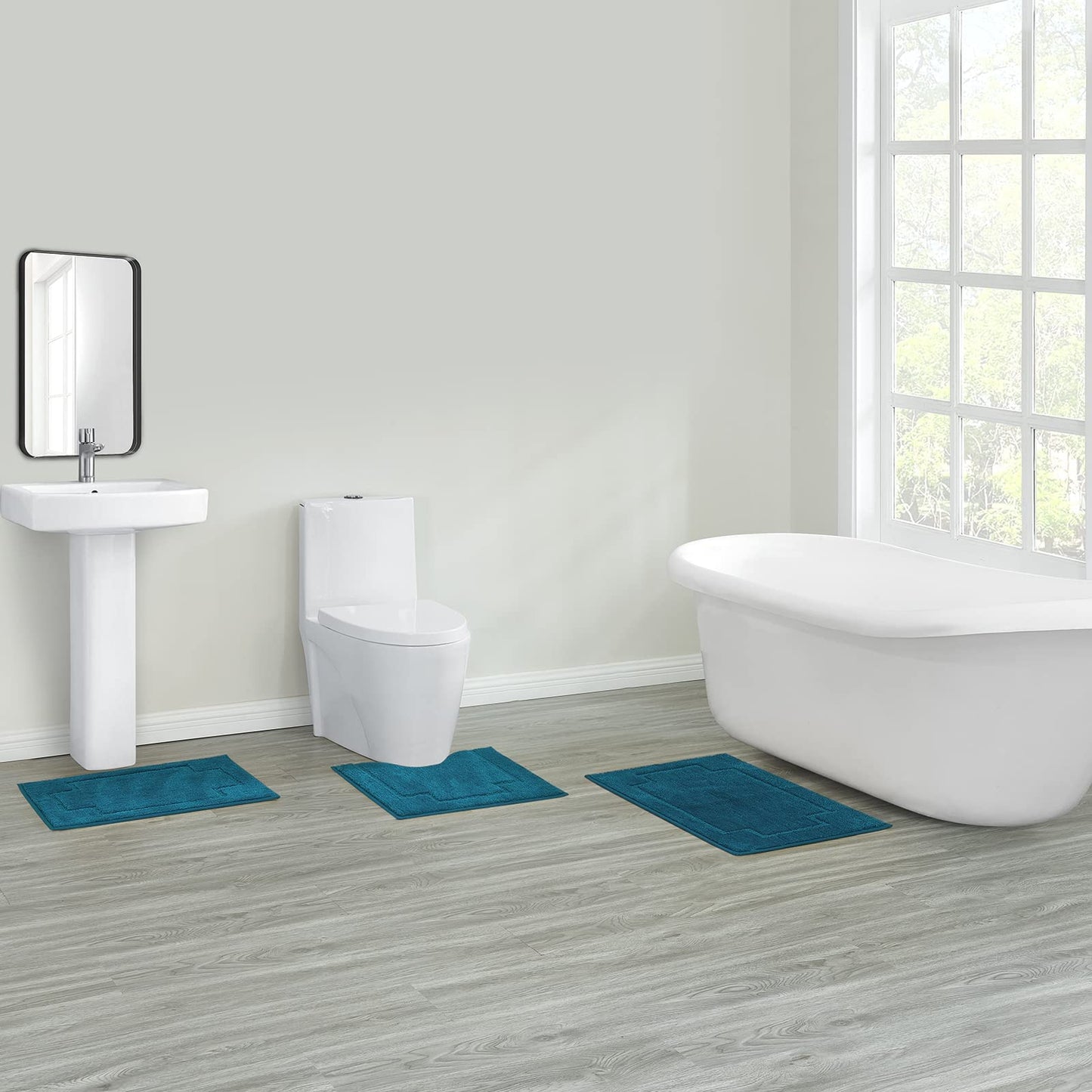CNNJ Bath Rugs Set 3 Pieces Bathroom Mat Soft Absorbent Plush Shaggy Soft Floor Non Slip Shower Bath Tub Machine Washable (Teal-ser, 20"x32"/20"x20"/17"x24")