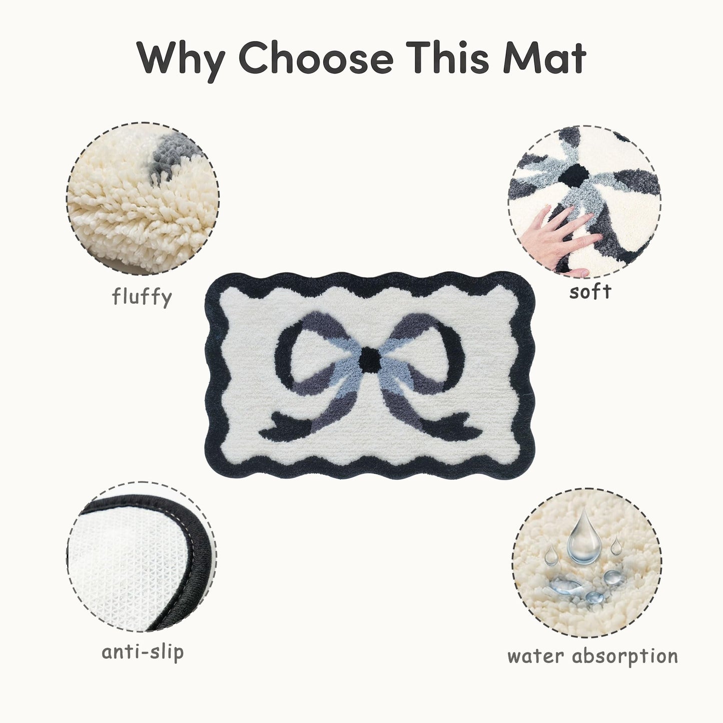 Dylrauoza Black Bow Bath Mat, 20" x 32" Scalloped Bath Rug for Bathroom, Black and White Bathroom Rug Cute, Non Slip Aesthetic Bath Mat, Machine Washable Water Absorbing Plush Rug