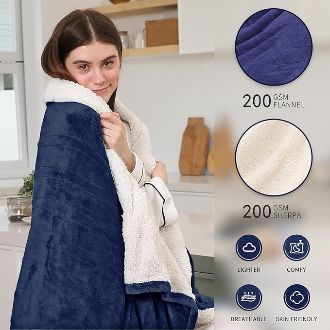 Electric Blanket King, Dual Control Heated Electric Blanket King Size with Flannel & Sherpa, Machine Washable Plush Heated Blanket 5 Heating Levels & 10 Hours Auto Off, 100" x 90", Navy Blue