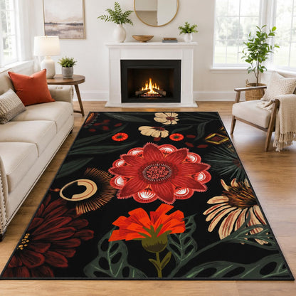 Tyrot Vintage Black Red Boho Floral Living Room Rug, 5x7 Rug Flat Woven Ultra-Thin Washable Botanical Area Rugs Non-Slip Low-Pile Carpet for Bedroom, Dining Room, Office, Kids Room