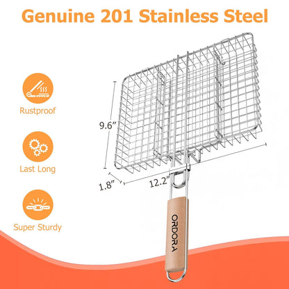 ORDORA Grill Basket, Fish Grill Basket, Rustproof Stainless Steel BBQ Grilling Basket for Meat,Steak etc, Grill Accessories,Grilling Gifts for Men Dad