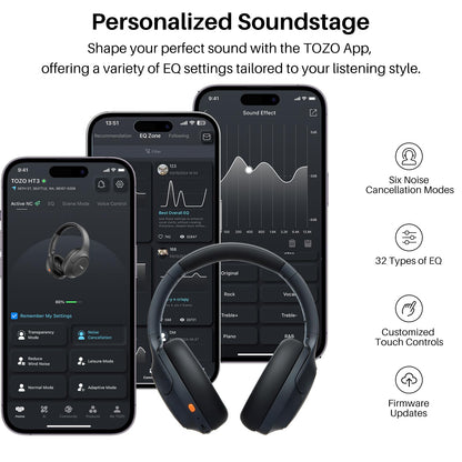 TOZO HT3 Hybrid Noise Cancelling Headphones, 90H Battery Life Wireless Over Ear Bluetooth 6.0 Foldable Headset, AI Voice Assistant with 5 Mics, Connect 2 Devices and Hi-Res Sound, 32 EQ Audio Presets