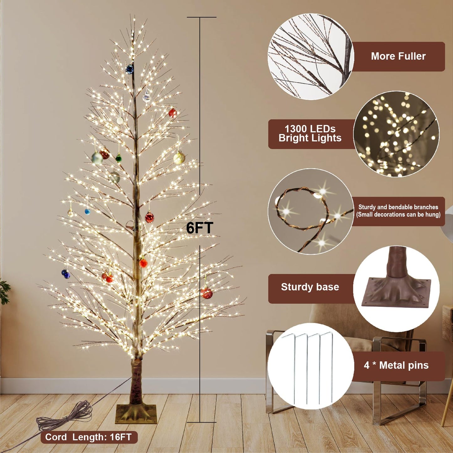 Lituplife 6FT Lighted Birch Tree with 1300 LED Lights, Twinkle Light Brown Christmas Tree with Timer IP44 Waterproof for Indoor Outdoor Festival Wedding Party Christmas Decorations