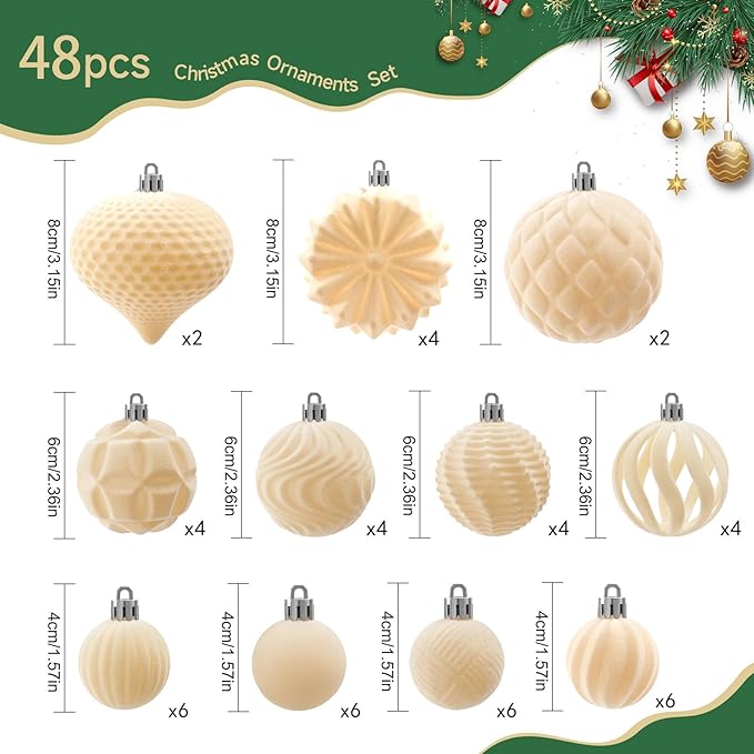 Velvet Christmas Balls 48pcs Flocked Christmas Tree Ornaments Set Shatterproof Christmas Ornaments with Hanging Rings Suitable for Xmas Tree Holiday Decor(Creamy White)