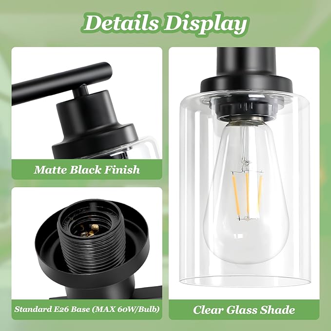 6-Light E26 Black Bathroom Vanity Lights, Modern Bathroom Light Fixtures with Clear Glass Shade, Wall Lamps for Mirror Hallway Kitchen Cabinet Living Room Sconces Lights