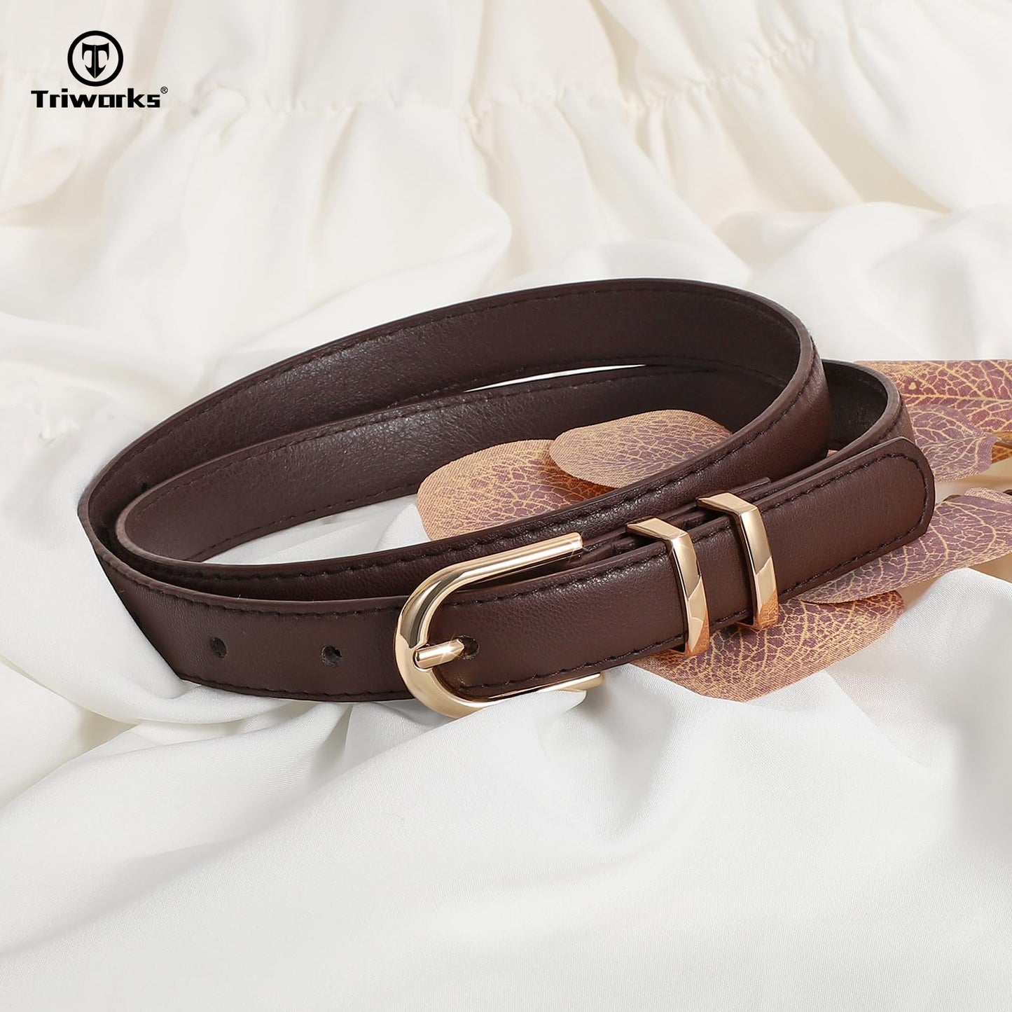 TRIWORKS 2 Pack Women Skinny Leather Belts for Jeans Pants Thin Faux Leather Belt with Gold Buckle