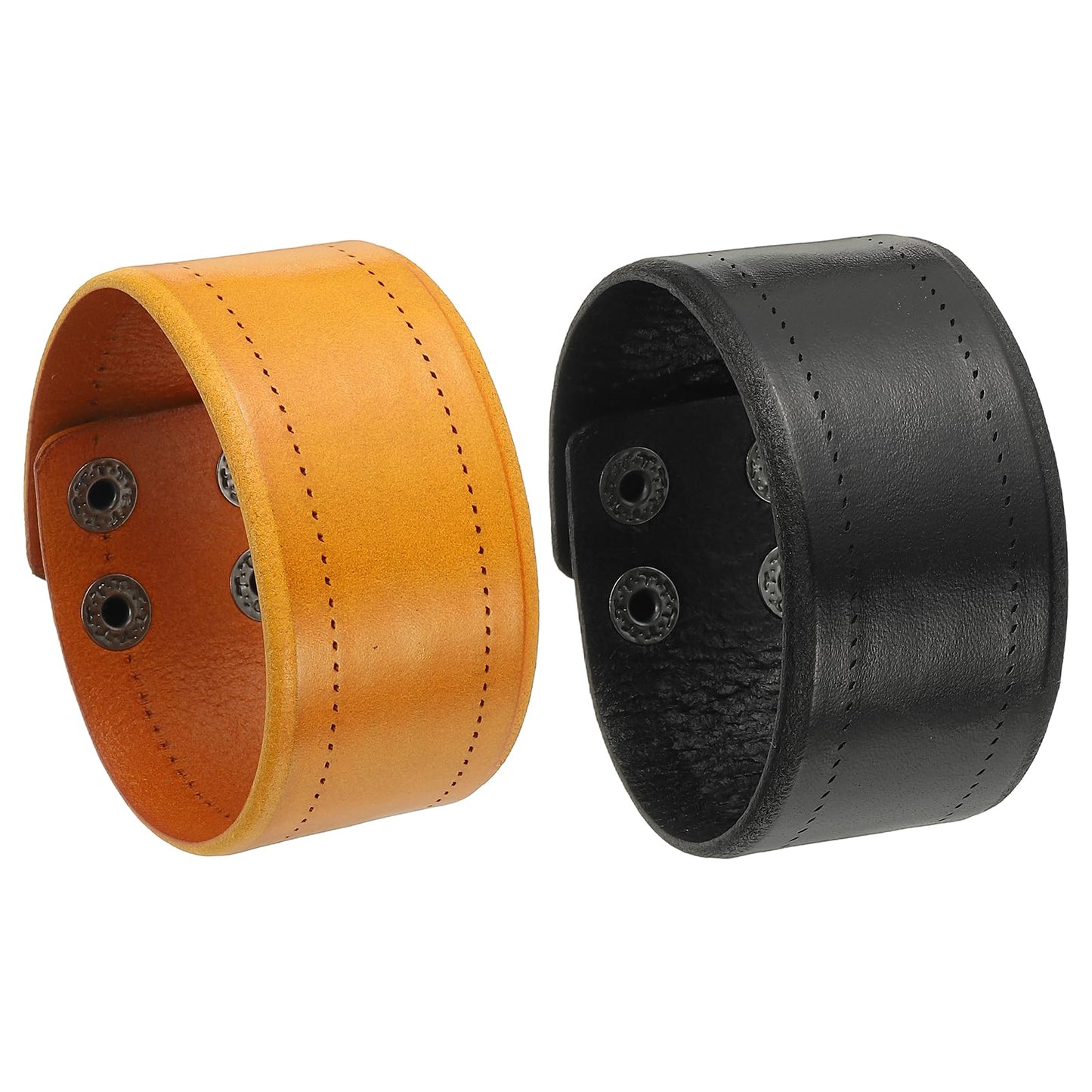 PATIKIL 1.5Inch Wide Simple Leather Wristbands, 1Set Vintage Adjustable Cuff Bracelets Wide Leather Adjustable Cuff Bracelets Two Rows of Buckles Wristband Bangle, Black/Khaki