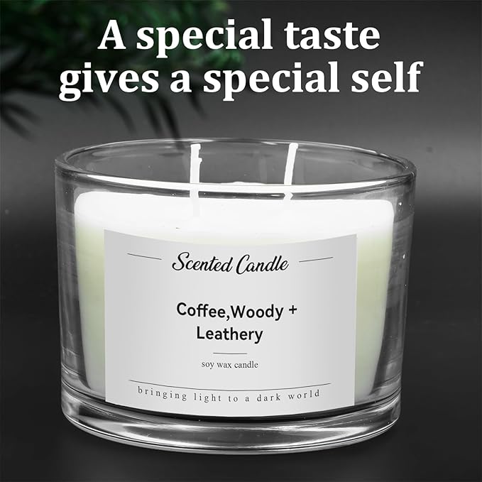 Premium 3-Wick Scented Candle 420g, Jar Aromatherapy Candle Birthday Gifts for Men and Women, Long Lasting 50H, Soy Wax Natural Essential Oil Blend for Home Office Spa (Coffee+Woody+Leathery)