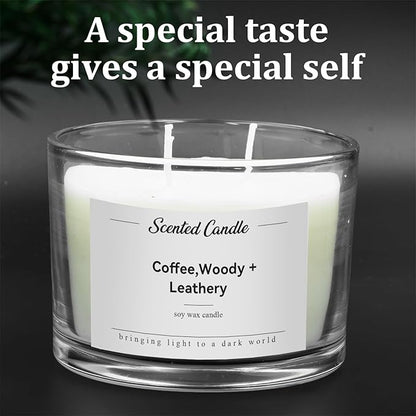 Premium 3-Wick Scented Candle 420g, Jar Aromatherapy Candle Birthday Gifts for Men and Women, Long Lasting 50H, Soy Wax Natural Essential Oil Blend for Home Office Spa (Coffee+Woody+Leathery)