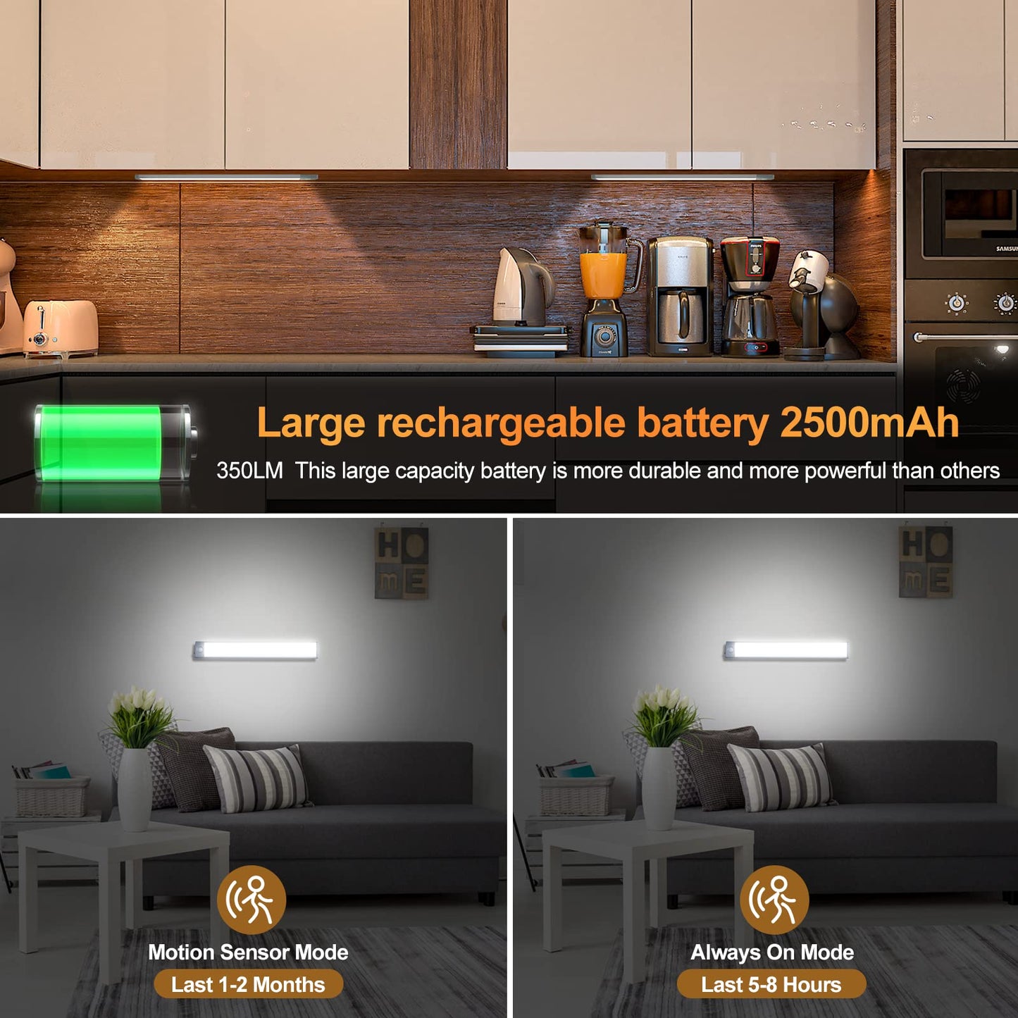 YANEGRT Under Cabinet Lights, 2 Pack Wireless Motion Sensor Closet Light with USB-C Rechargeable 2200mAh Battery, Magnetic Mount for Kitchen, Hallway & Stairs — Ultra-Bright Cool White LED Lighting